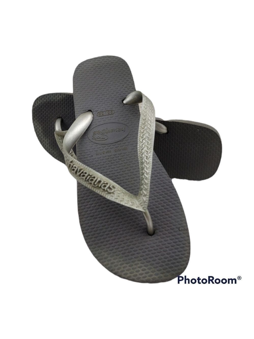 Havianas Top Tiras Silver Gray Round Toe Rubber Thong Upper Flat Slide Flip Flop